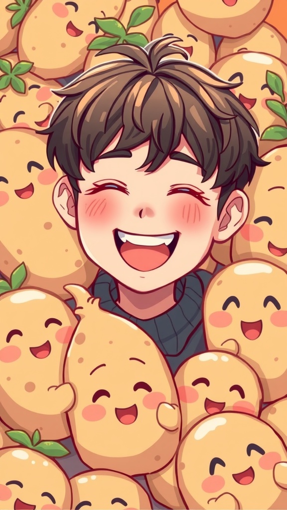 Colorful fanart of Heeseung with cartoon potatoes in a playful scene.